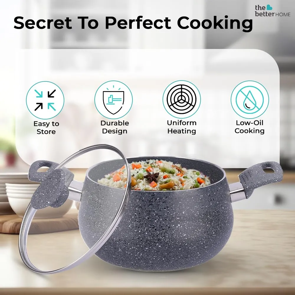 The Better Home Non Stick Handi with Lid (3 liter)|Big Biryani Handi|Gas Stove Cookware|Durable, Non-Toxic|Easy Grip Handle |Heat Surround Cooking | Handi Pot for Cooking, Aluminium, Grey Handi Pot