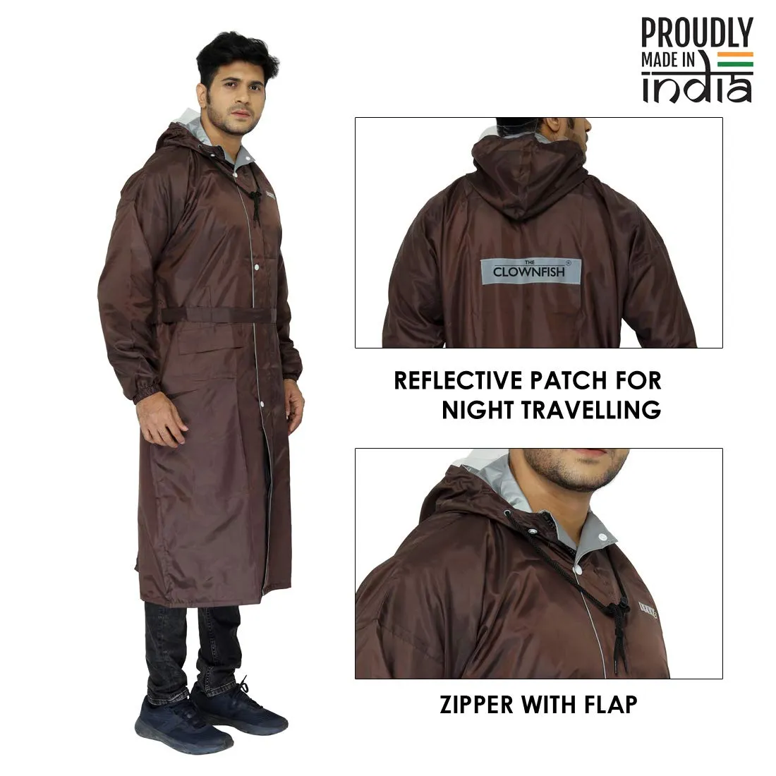 THE CLOWNFISH Polyester Reversible Use Unisex Waterproof Long Coat Raincoat For Men And Women With Adjustable Hood And Reflector At Back For Night Visibility Opener Series (Brown-Free Size)