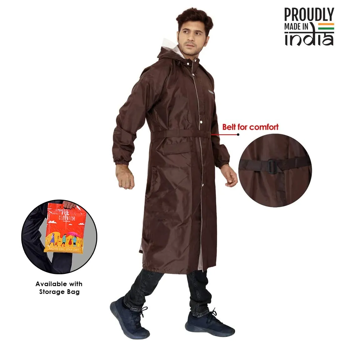 THE CLOWNFISH Polyester Reversible Use Unisex Waterproof Long Coat Raincoat For Men And Women With Adjustable Hood And Reflector At Back For Night Visibility Opener Series (Brown-Free Size)