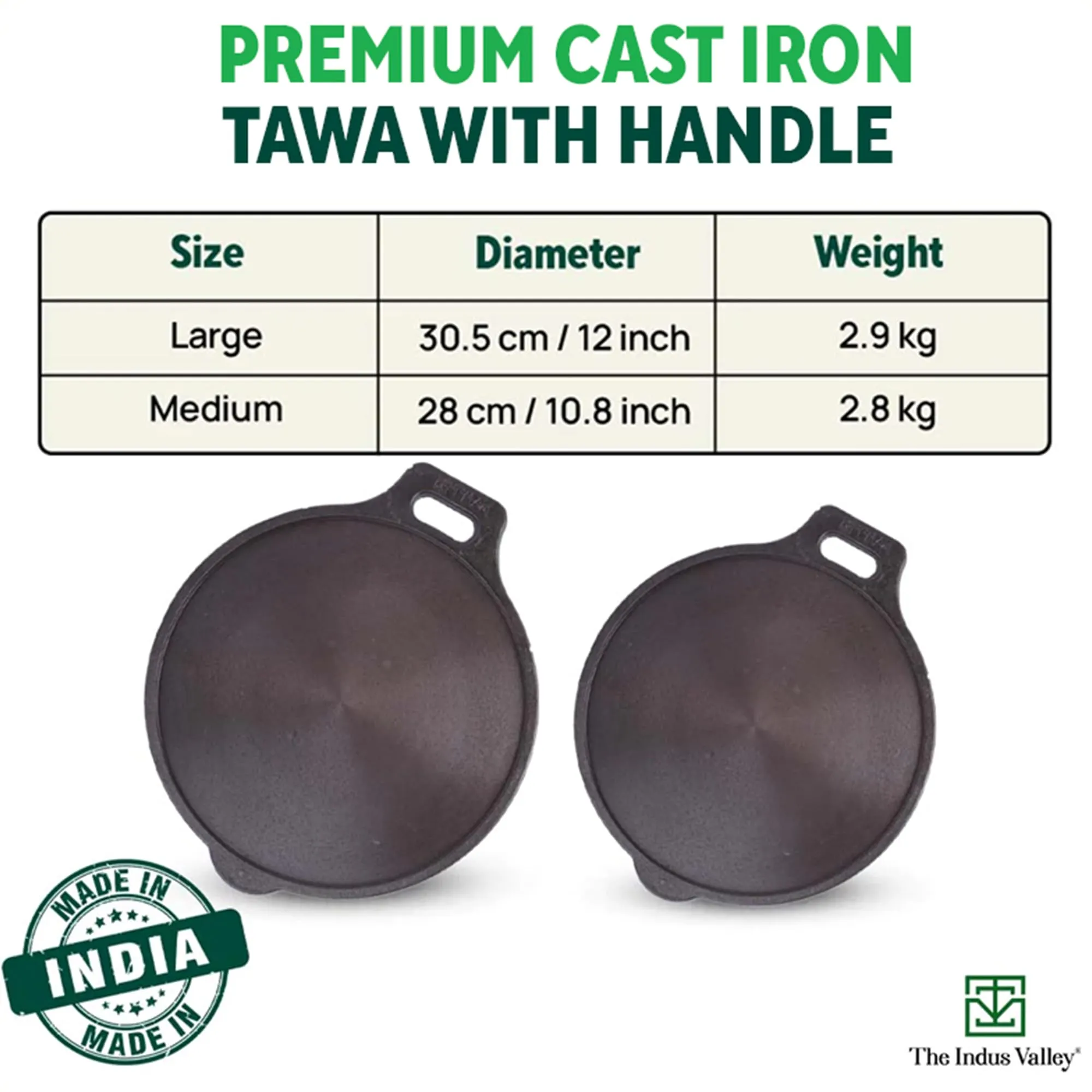 The Indus Valley Super Smooth Cast Iron Tawa for Dosa/Chapathi | 27.6cm/10.8 inch, 2.4kg | Induction Friendly | Naturally Nonstick, Pre-Seasoned Tawa, 100% Pure & Toxin-Free, No Chemical Coating