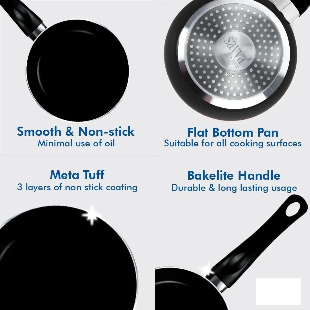 UMAI X SAVYA Home Non Stick Frying Pan | 22 cm | Stove & Induction Cookware | Minimal Oil Cooking | Easy Grip Handle | 3 Layer Non Stick Coating | Non-Toxic & Lightweight | Black Colour