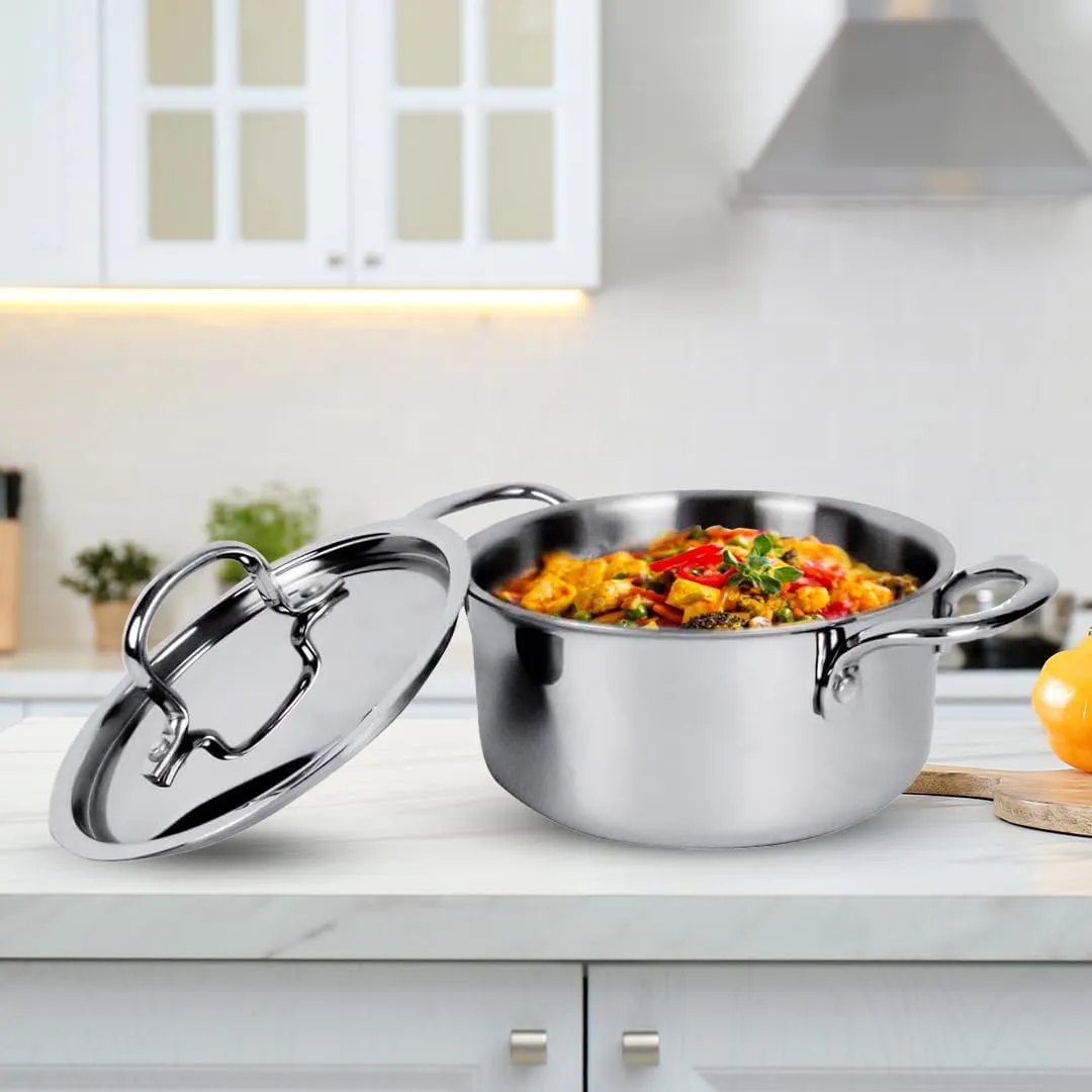 UMAI X Savya Home Triply Stainless Steel Tope (Patila) with Lid | Handi Casserole with lid | 3L |20 cm Diameter |100% PTFE and PFOA Free|Gas Stove & Induction Cookware | Stainless Steel Cookware (3L)