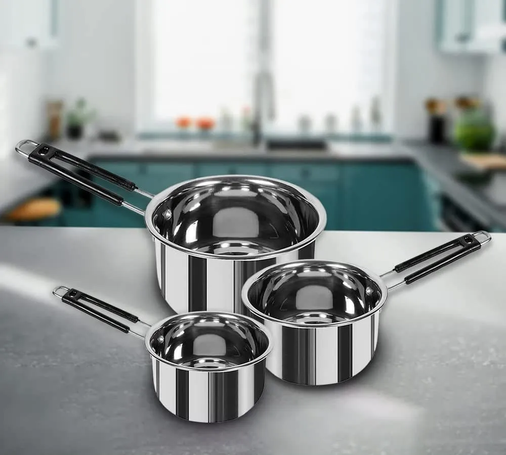 Urbane Home Set of 3 Stainless Steel Saucepan/Tea Pan I 1.1 L, 1.5 L, 2.2 L Capacity I Silicon Handle I Thick Base for Boiling Milk & Tea I Heavy Duty Gauge I Tapeli Patila, Sauce Pot Cookware