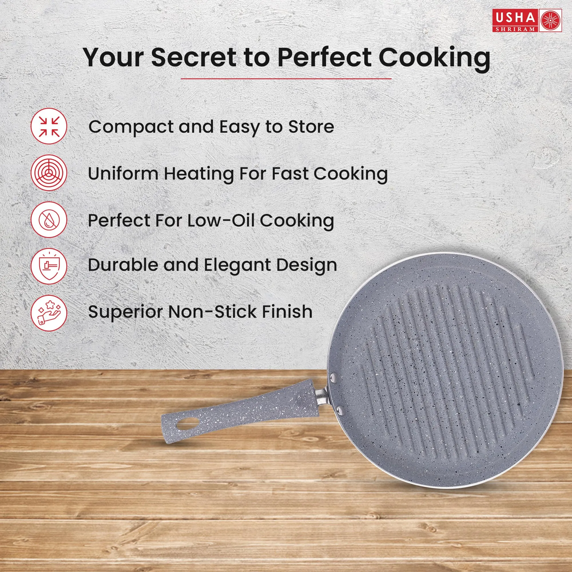 USHA SHRIRAM (25 cm Lunar Haze Non Stick Frying Fry Grill Pan | Saute Pan Gas Cookware | Big Grill Pan | Minimal Oil Cooking | Grill Pan Non Stick | 3 Layer Non Stick Coating | Non-Toxic (Grey)