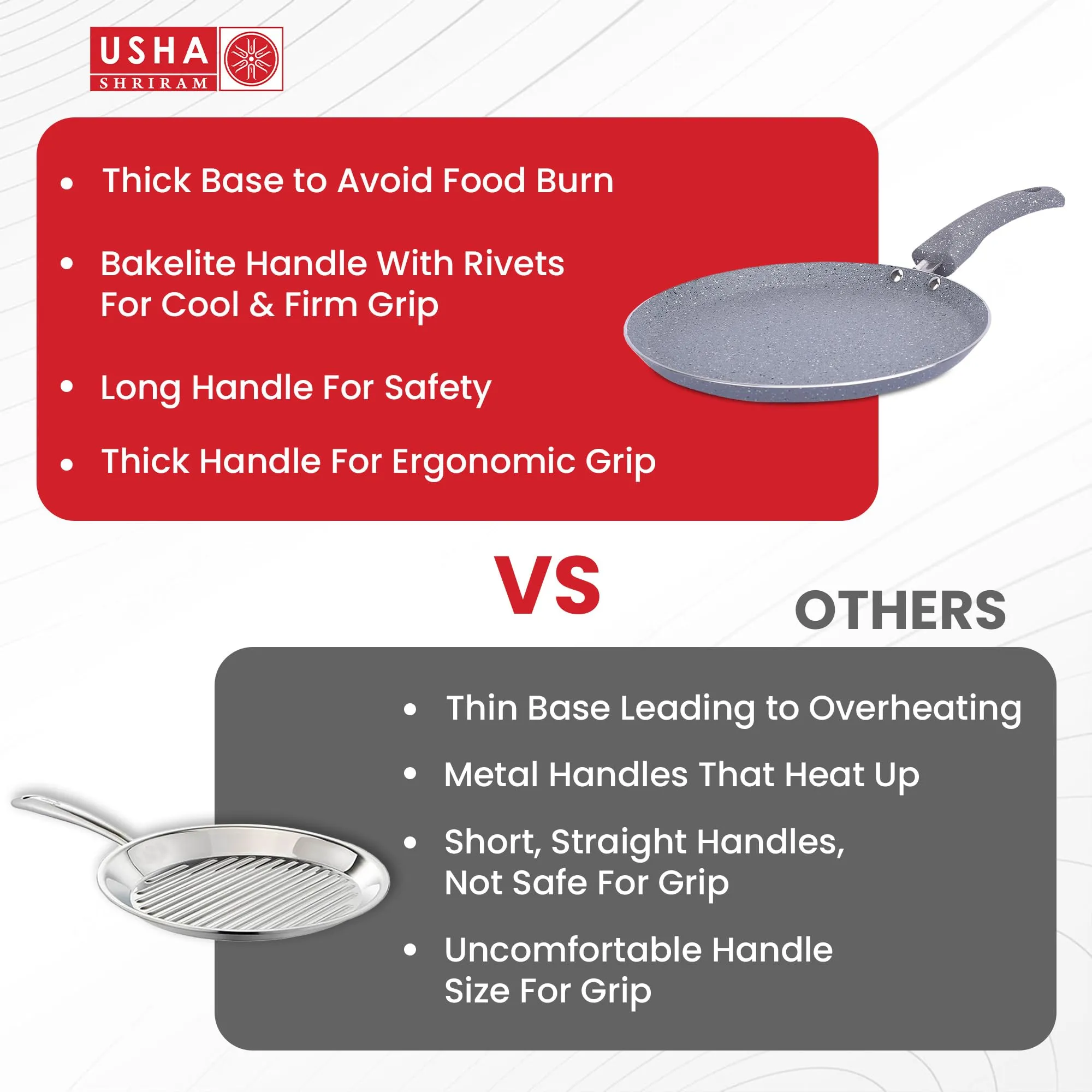 USHA SHRIRAM (26cm Lunar Haze Non Stick Roti Tawa with Riveted Handle | Flat Tawa Non Stick | High Grade Aluminium | Scratch Resistant Surface | Nonstick Roti Dosa Tawa | Non Stick Pan (Grey)