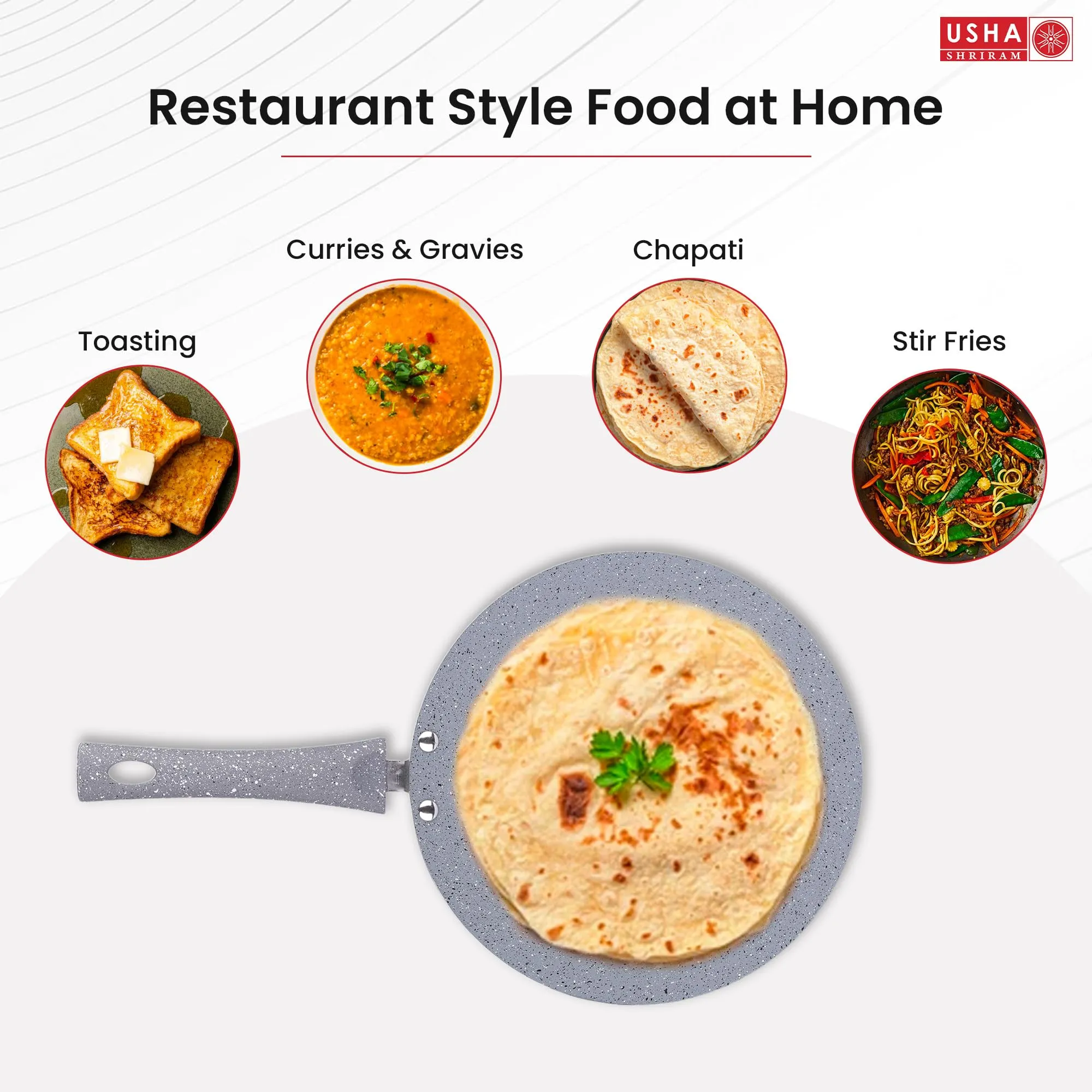 USHA SHRIRAM (26cm Lunar Haze Non Stick Roti Tawa with Riveted Handle | High Grade Aluminium | Scratch Resistant Surface | Roti Nonstick Big Dosa Tawa Non Stick | Flat Tawa Non Stick(Grey)