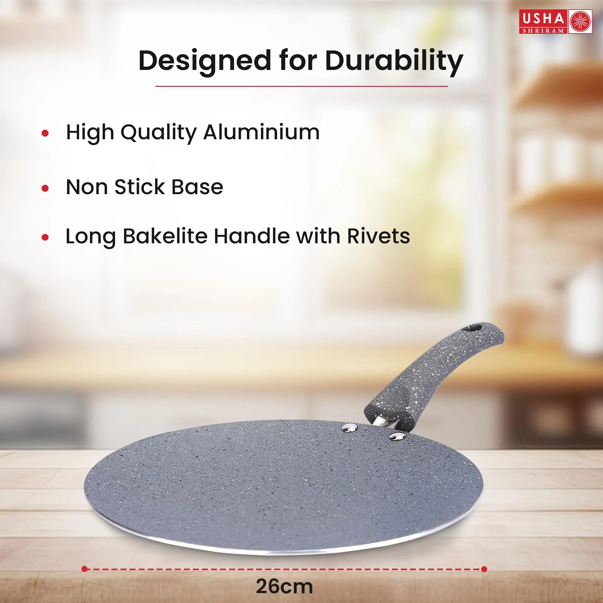 USHA SHRIRAM (26cm Lunar Haze Non Stick Roti Tawa with Riveted Handle | High Grade Aluminium | Scratch Resistant Surface | Roti Nonstick Big Dosa Tawa Non Stick | Flat Tawa Non Stick(Grey)