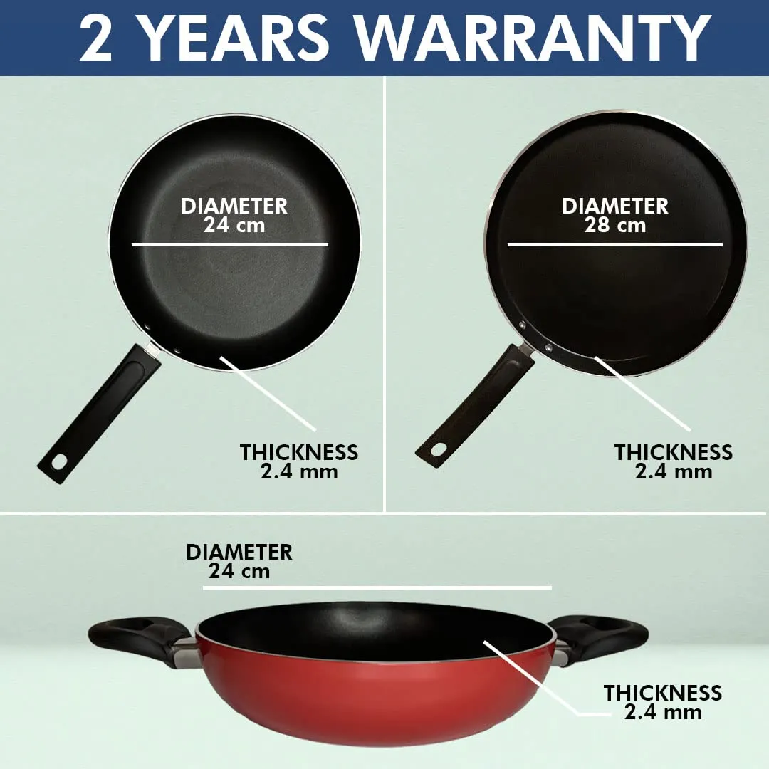 USHA SHRIRAM 3 Piece Non Stick Cookware & Spatula Set(12Pcs) | Gift Set | Non Stick Tawa, Kadai & Frying Pan (with Lid) | Stove & Induction Cookware| 3 Layer Coating Cookware & Kitchen Tool Set