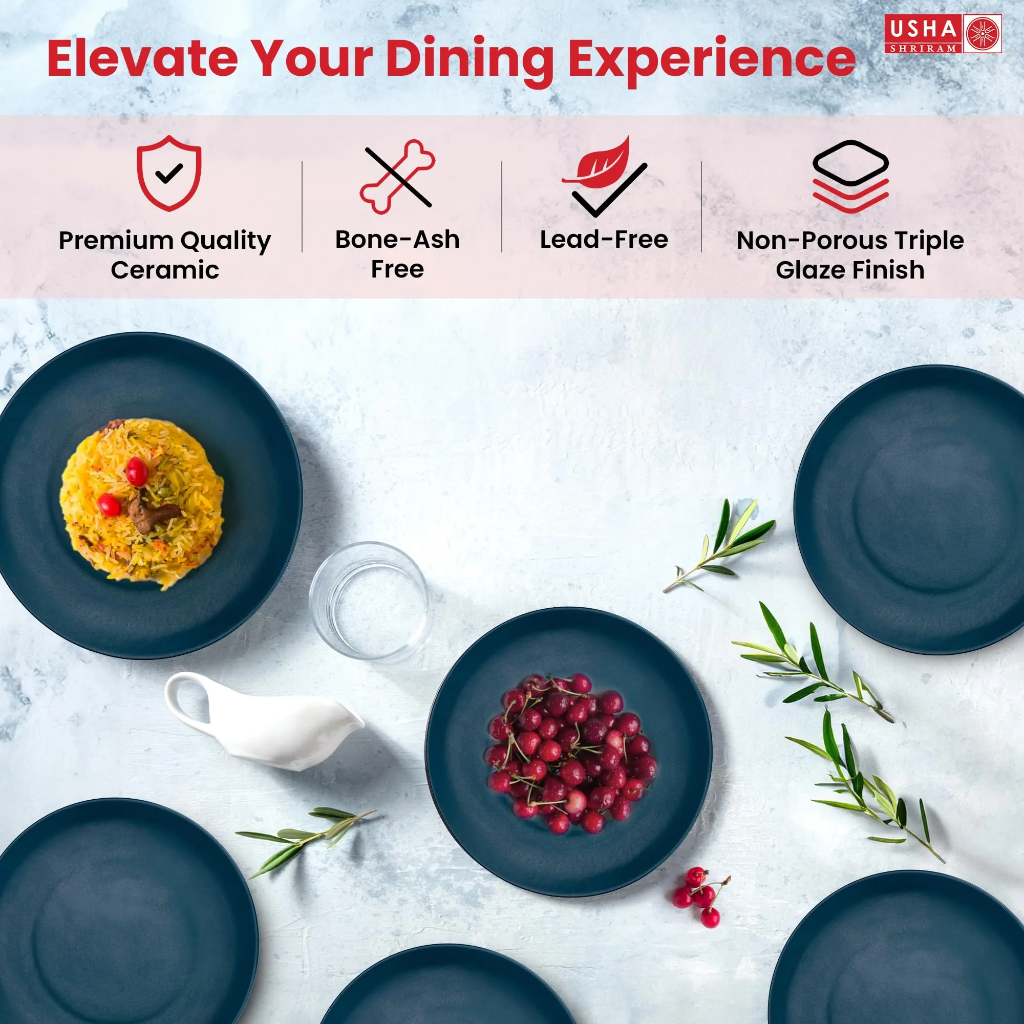 USHA SHRIRAM Ceramic Dinner Set (20 Pcs) | Microwave Safe Dinner Plates and Bowls Sets Cookware | Chip Resistant Dinnerware Sets | House Warming Gifts New Home for Couple Men Women (Deep Green)