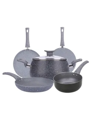 USHA SHRIRAM Grey Non-Stick Cookware Ensemble | 3L Handi with Lid, 18cm Frying Pan, 24cm Roti Tawa, 1L Sauce Pan, 26cm Roti Tawa | Easy Grip Handles|Non-Toxic & Lightweight | Pack of 5