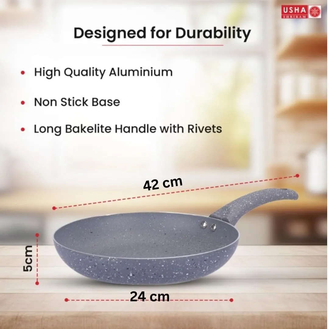 USHA SHRIRAM Grey Non-Stick Cookware Set | 5L Handi with Lid, 24cm Fry Pan, 26cm Roti Tawa, 25cm Grill Pan | Easy Grip Handles | 3-Layer Non-Stick Coating | Non-Toxic & Lightweight | Pack of 5