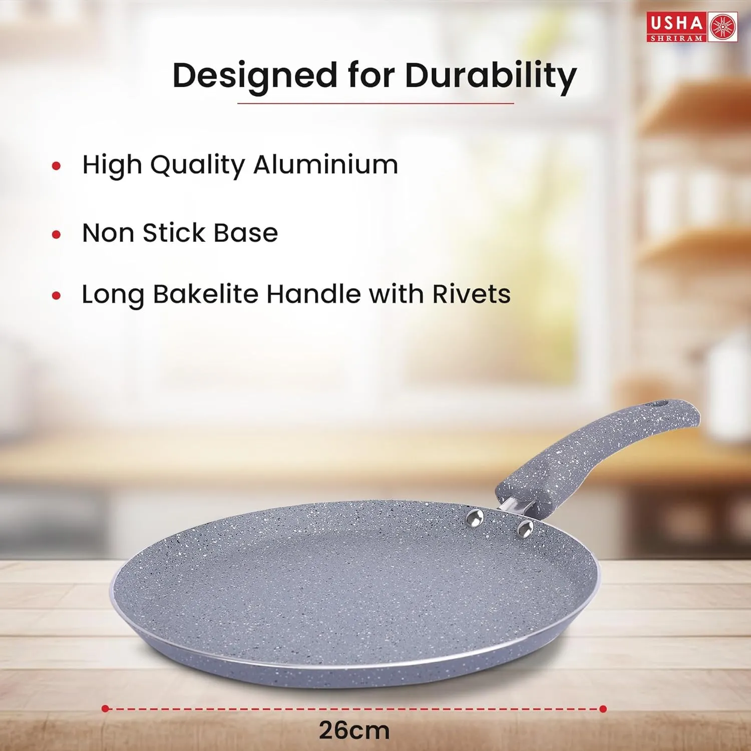 USHA SHRIRAM Grey Non-Stick Cookware Set | 5L Handi with Lid, 24cm Fry Pan, 26cm Roti Tawa, 25cm Grill Pan | Easy Grip Handles | 3-Layer Non-Stick Coating | Non-Toxic & Lightweight | Pack of 5