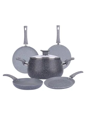 USHA SHRIRAM Grey Non-Stick Cookware Set | 5L Handi with Lid, 24cm Fry Pan, 26cm Roti Tawa, 25cm Grill Pan | Easy Grip Handles | 3-Layer Non-Stick Coating | Non-Toxic & Lightweight | Pack of 5