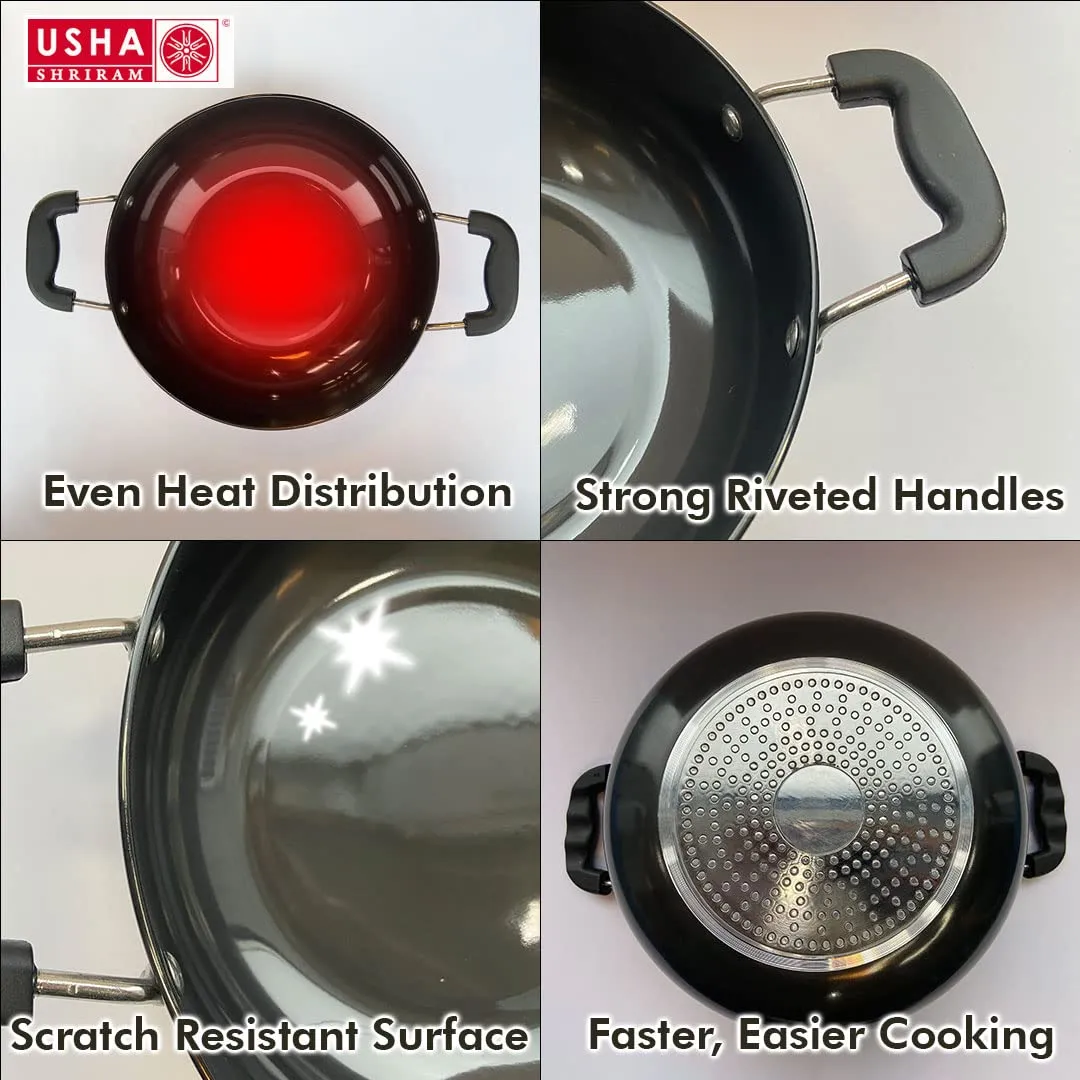 USHA SHRIRAM Hard Anodised Aluminium Kadai with Lid (2.4L) & Spatula Set (5Pcs) For Cooking | Deep Base Kadhai | Riveted Bakelite Handle For Cool Grip | Frying Kadahi| Gas & Induction Cookware | Black