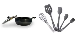 USHA SHRIRAM Hard Anodised Aluminium Kadai with Lid (2.4L) & Spatula Set (5Pcs) For Cooking | Deep Base Kadhai | Riveted Bakelite Handle For Cool Grip | Frying Kadahi| Gas & Induction Cookware | Black