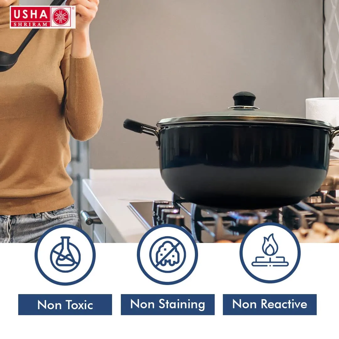 USHA SHRIRAM Hard Anodised Aluminium Kadai with Lid (2.4L) & Spatula Set (5Pcs) For Cooking | Deep Base Kadhai | Riveted Bakelite Handle For Cool Grip | Frying Kadahi| Gas & Induction Cookware | Black