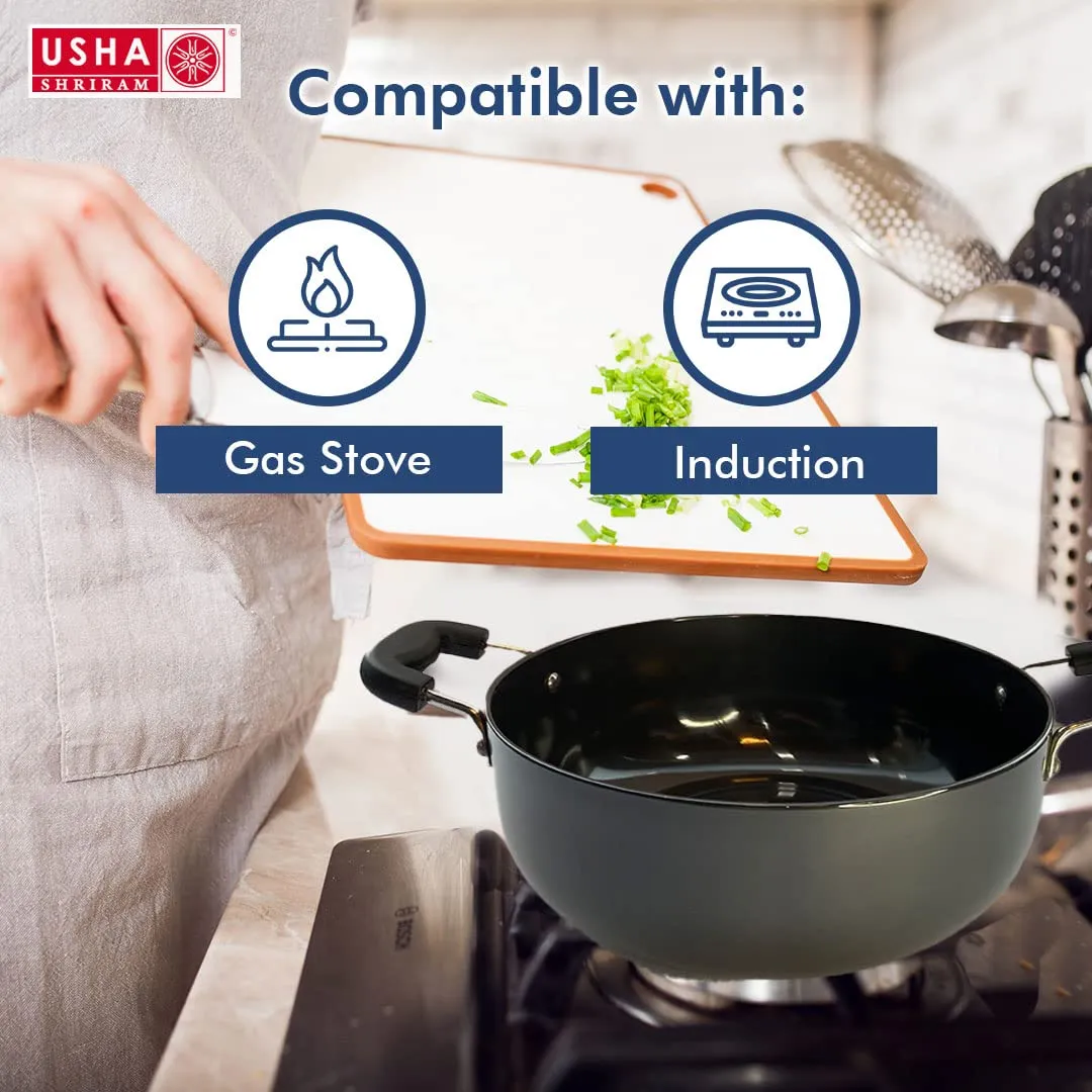 USHA SHRIRAM Hard Anodised Aluminium Kadai with Lid (2.4L) & Spatula Set (5Pcs) For Cooking | Deep Base Kadhai | Riveted Bakelite Handle For Cool Grip | Frying Kadahi| Gas & Induction Cookware | Black