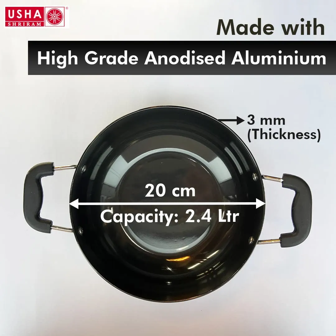 USHA SHRIRAM Hard Anodised Aluminium Kadai with Lid (2.4L) & Spatula Set (5Pcs) For Cooking | Deep Base Kadhai | Riveted Bakelite Handle For Cool Grip | Frying Kadahi| Gas & Induction Cookware | Black