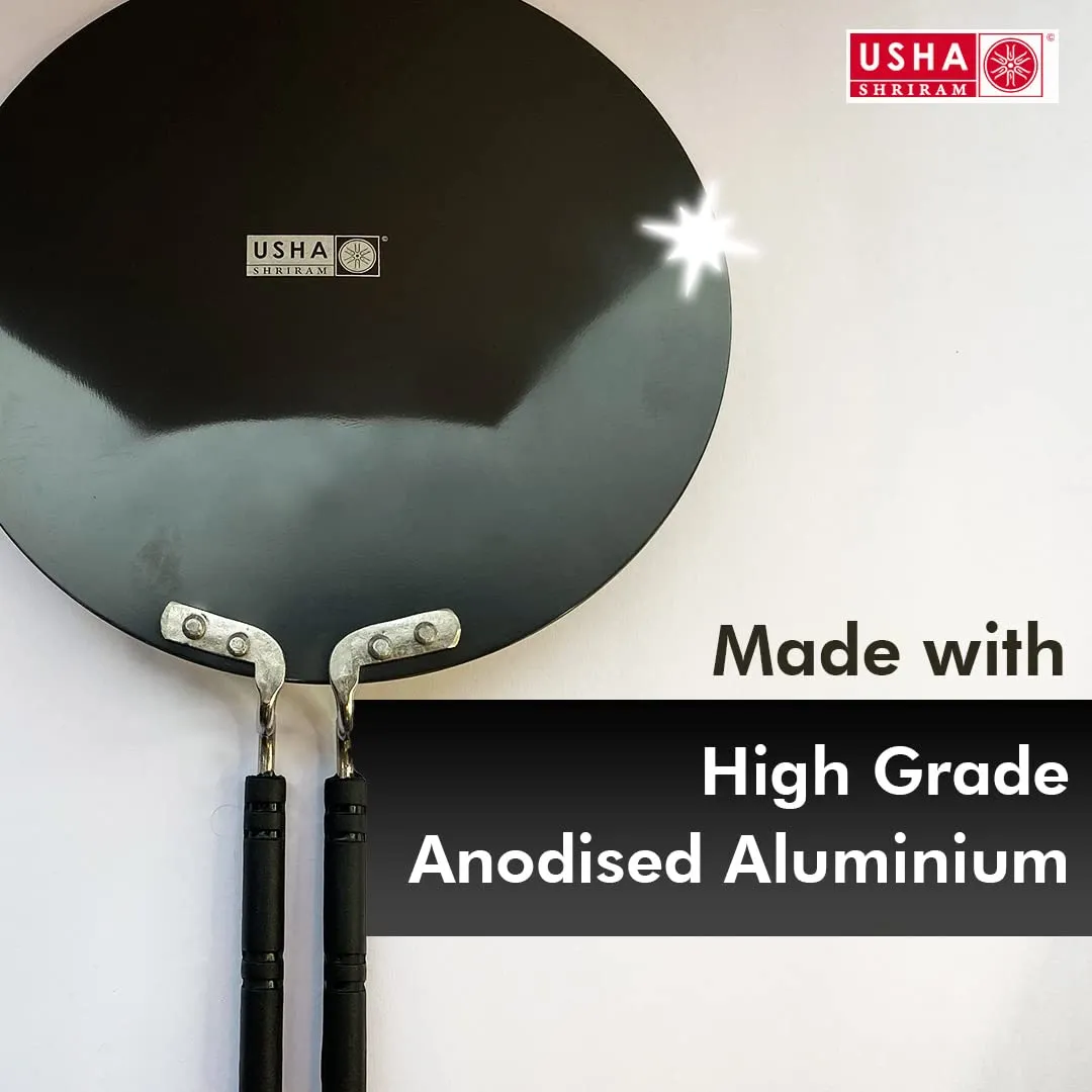 USHA SHRIRAM Hard Anodized Roti Tawa with Handle | 27 cm Diameter | High Grade Aluminium | Scratch Resistant Surface | Riveted Handles | Roti & Dosa Tawa | Black Color (25cm Diameter)