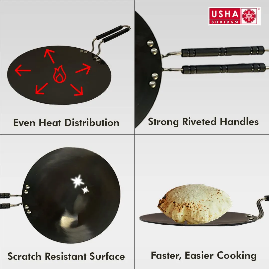 USHA SHRIRAM Hard Anodized Roti Tawa with Handle | 27 cm Diameter | High Grade Aluminium | Scratch Resistant Surface | Riveted Handles | Roti & Dosa Tawa | Black Color (25cm Diameter)