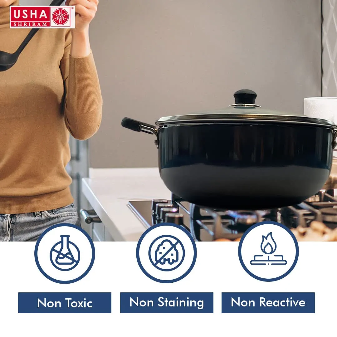 USHA SHRIRAM Non Stick Aluminium Kadai with Lid (2.8L) for Cooking | Hard Anodized Non Stick Kadai| Deep Base Kadhai | Riveted Bakelite Handle for Cool Grip | Frying Kadahi| Gas & Induction Cookware