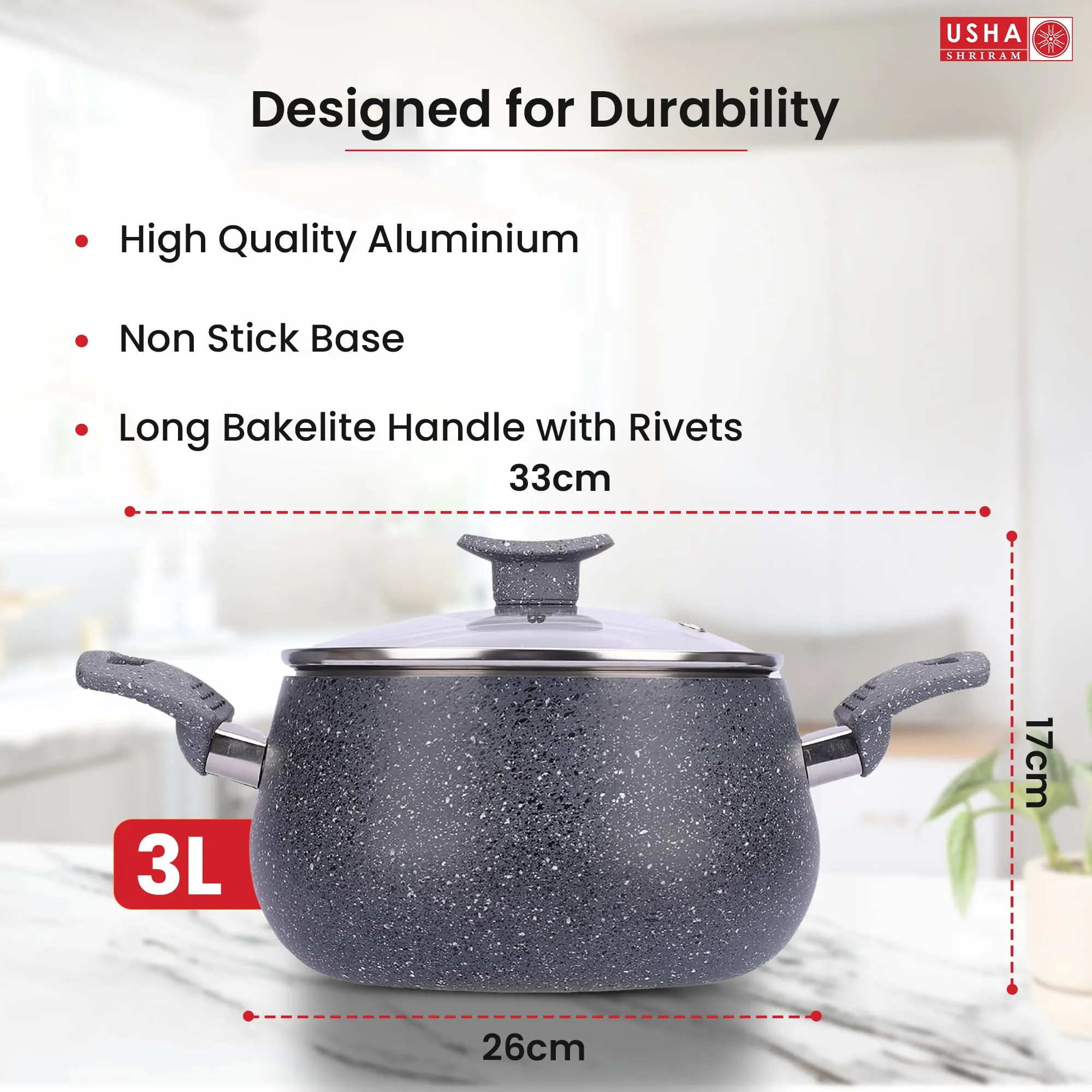 USHA SHRIRAM Non Stick Biryani Handi (3L) | Casserole with Lid | Aluminium Handi For Cooking | Biryani Pot | Cook N Serve Pot With Lid | Gas & Induction Handi | Cooking Handi Pot