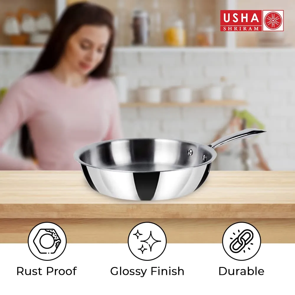 USHA SHRIRAM Triply Stainless Steel Frying Pan with Lid (1.5L) | Stove & Induction Cookware | Heat Surround Cooking | Easy Grip Handles | Stainless Steel Fry Pan with Lid