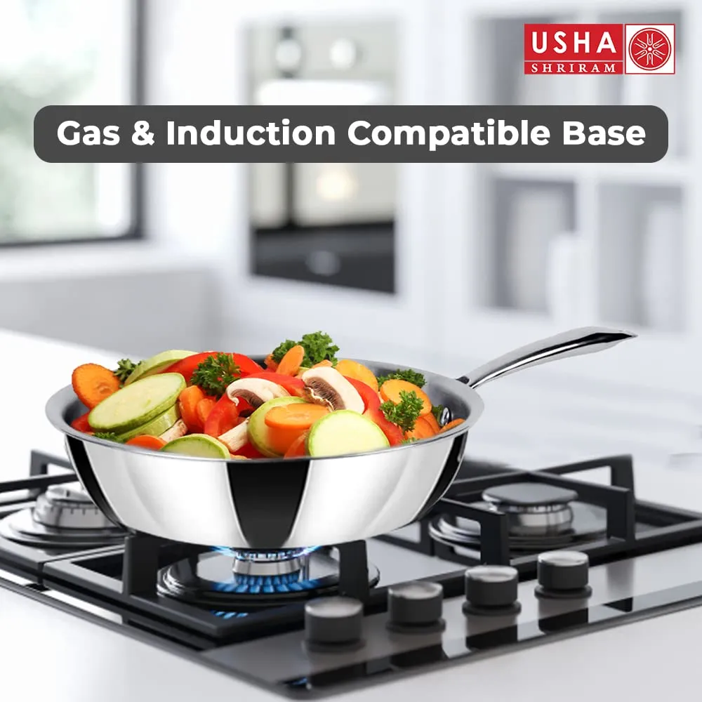 USHA SHRIRAM Triply Stainless Steel Frying Pan with Lid (1.5L) | Stove & Induction Cookware | Heat Surround Cooking | Easy Grip Handles | Stainless Steel Fry Pan with Lid