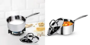 USHA SHRIRAM Triply Stainless Steel Sauce Pan with Lid | Stove & Induction Cookware | Heat Surround Cooking | Easy Grip Handles | Steel Tea & Milk Pan with Handle | Soup Pan (2Pcs - 1.5L, 1.4L)